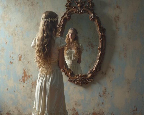 Young Woman in Vintage Mirror with Ethereal Reflection