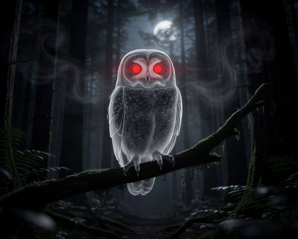 Ghost Owl in Dark Forest with Glowing Red Eyes