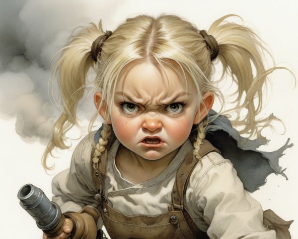 Fierce young girl with pigtails and cannon in smoke