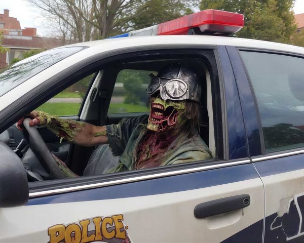 Zombie in Police Car with Distressed Clothing and Goggles