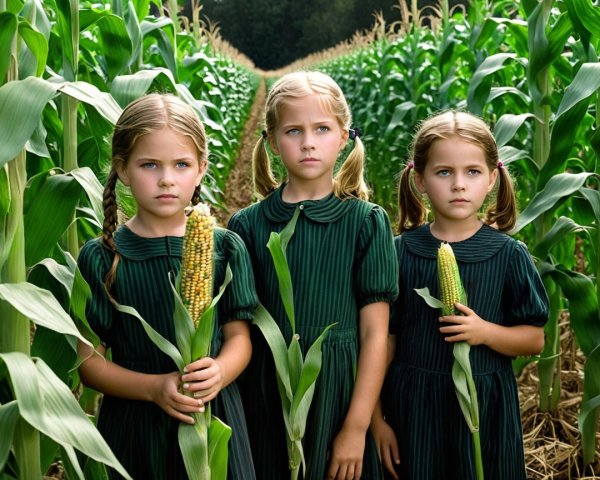 Young girls in green dresses in a cornfield setting