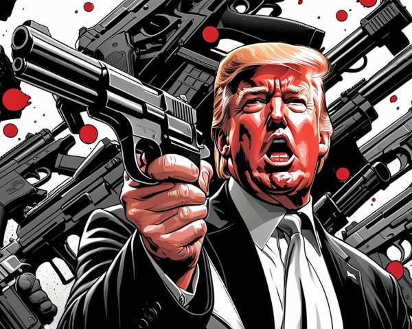 Stylized figure with handgun and dramatic firearm backdrop