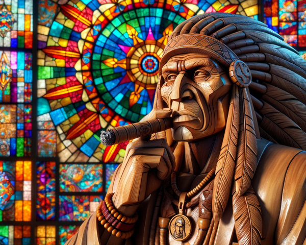 Wooden Sculpture of Native American Chief with Stained Glass