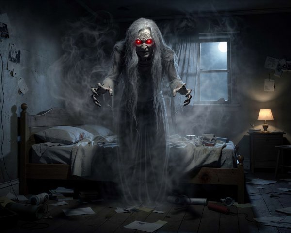 Old Woman Ghost in Dark Bedroom with Moonlight