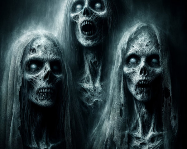Ghostly Figures with Hollow Eyes in Foggy Background