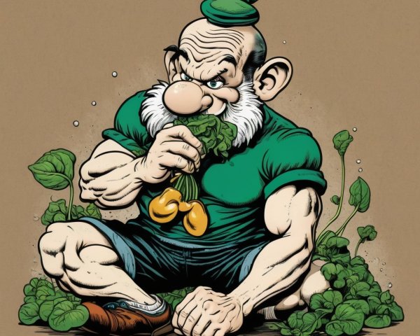 Muscular Cartoon Character Surrounded by Leafy Greens