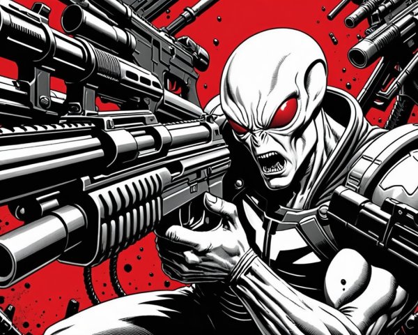 Muscular Figure with Assault Rifle and Futuristic Weapons