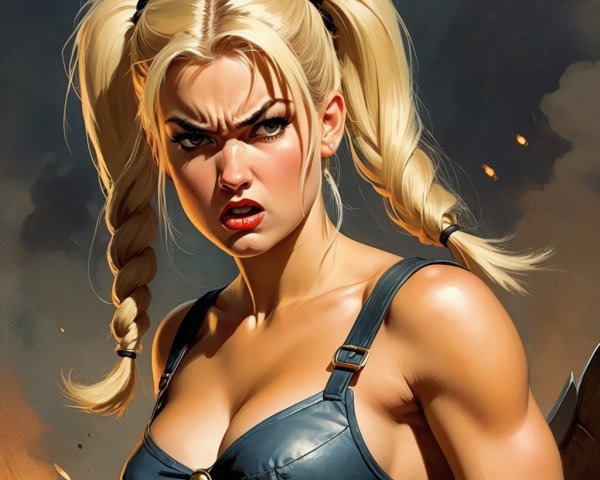 Fierce Female Character with Blonde Pigtails in Action