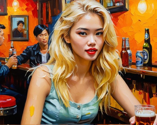 Vibrant Bar Scene with Confident Young Woman