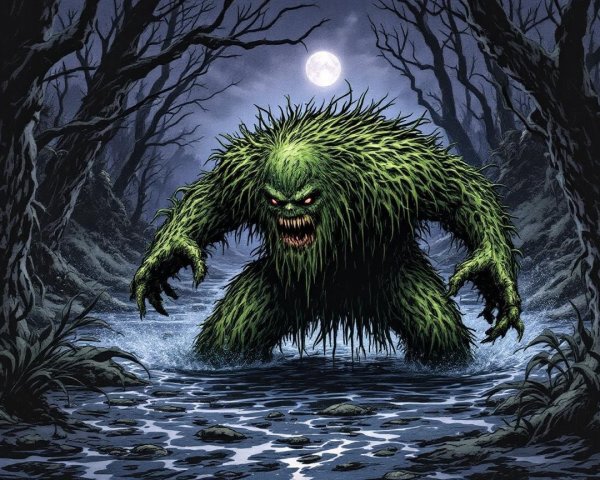 Monstrous Creature in Eerie Swamp Under Full Moon