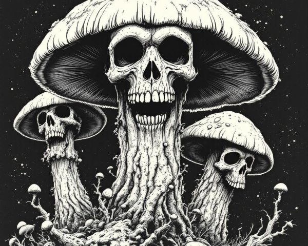 Surreal Black-and-White Mushrooms with Skull Caps