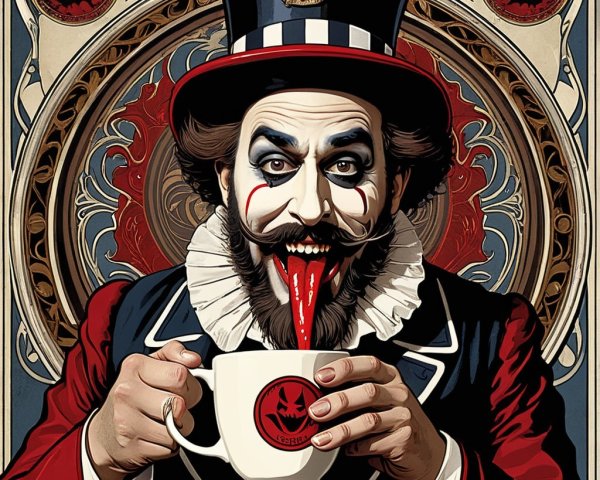 Whimsical Clown in Top Hat with Teacup and Vintage Background