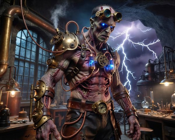 Digital Render of a Steampunk Monster in Laboratory