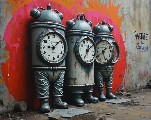 Whimsical Clock Sculptures Against Graffiti Wall