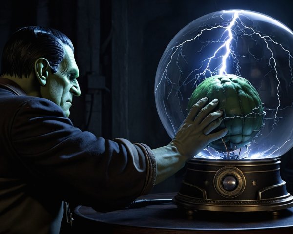 Green-Skinned Figure in Dim Laboratory with Electrified Orb