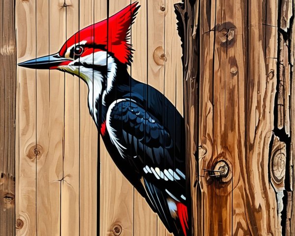 Vibrant Mural of Woodpecker on Wooden Fence