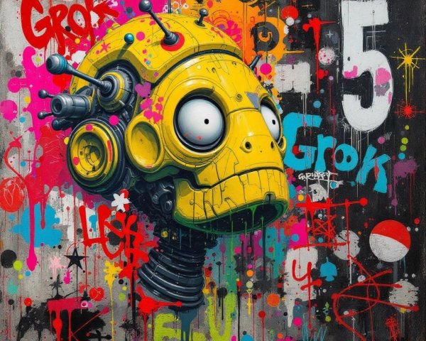 Stylized Robot Head Against Vibrant Graffiti Background