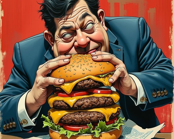 Cartoon Character Eager for Towering Burger Delight