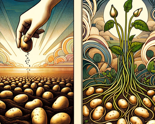Split Scene of Seed Planting and Flourishing Potatoes