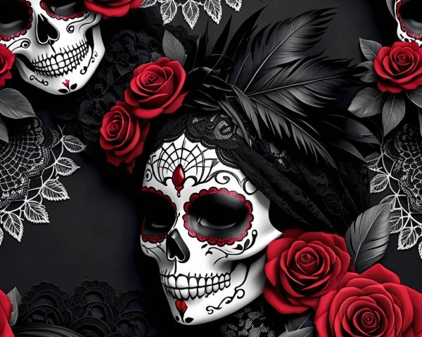 Intricate Skull Pattern with Roses and Lace Motifs