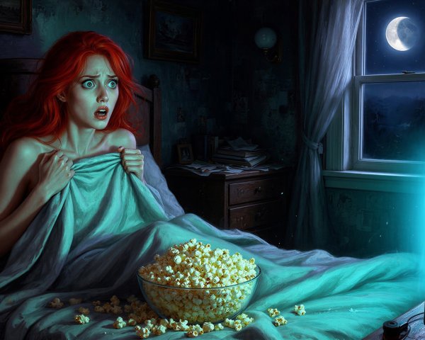 Terrified young woman in dim bedroom with popcorn