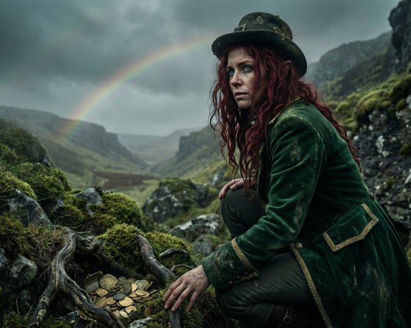 Leprechaun with Gold at Rainbow's End in Green Landscape