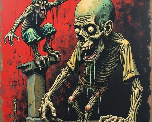 Grotesque Skeletal Figures on Red Background