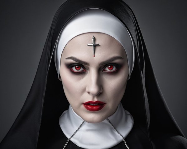 Portrait of a woman in nun attire with dramatic features