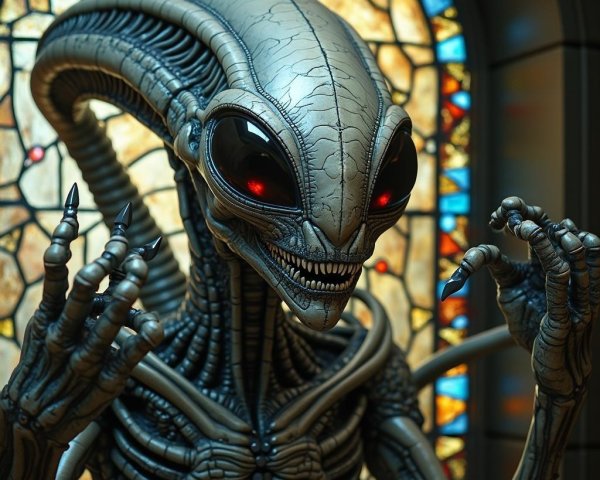 Humanoid Alien Figure Before Intricate Stained Glass Window