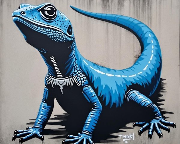 Vibrant mural of a stylized blue lizard on grey wall