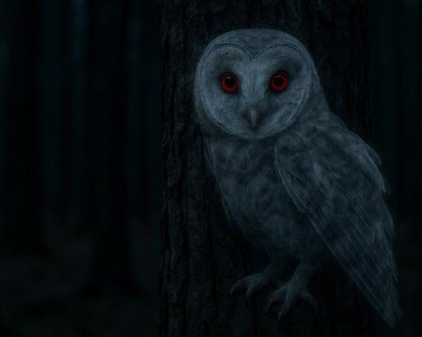 Digital painting of a ghost owl in a dark forest