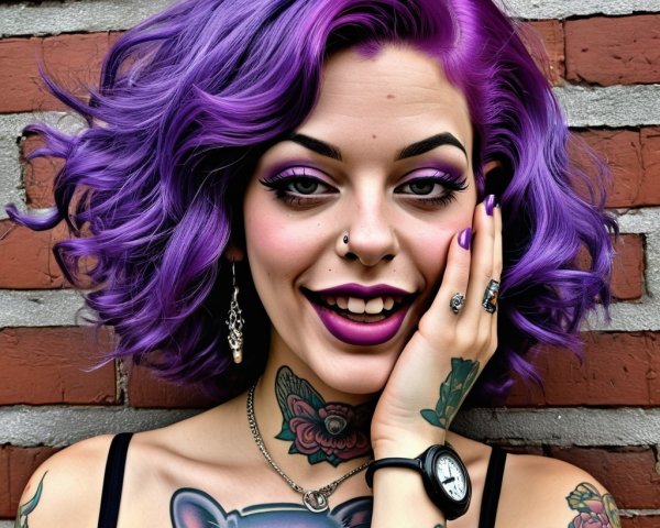 Young woman with purple hair and bold makeup features