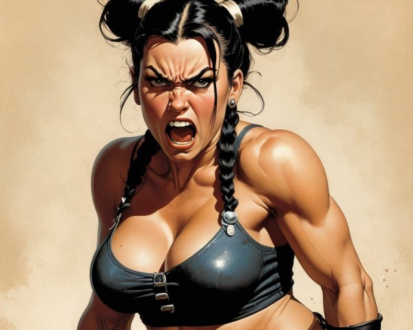 Muscular Female Character with Fierce Expression