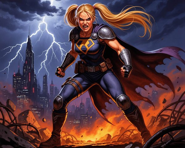 Blonde Female Superhero in Fiery Urban Landscape