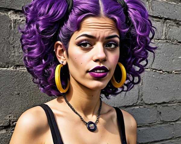 Woman with purple pigtails and bold urban fashion