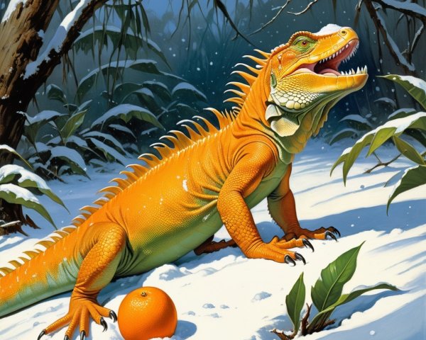 Orange Iguana in Snowy Landscape with Green Leaves