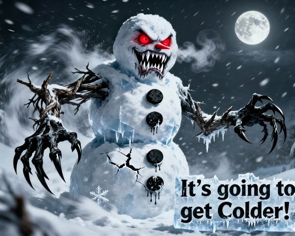 Menacing Snowman with Red Eyes in Winter Scene