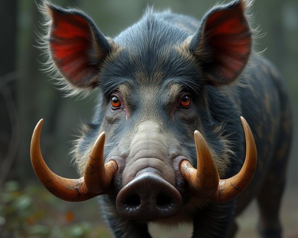Close-up of a wild boar in a misty forest