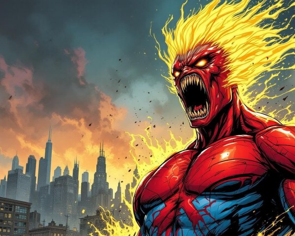 Muscular superhero with fiery features in stormy skyline