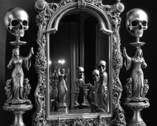 Ornate Baroque Mirror with Sculpted Figures in B&W