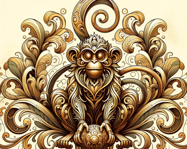 Ornate Illustration of a Monkey with Decorative Sphere