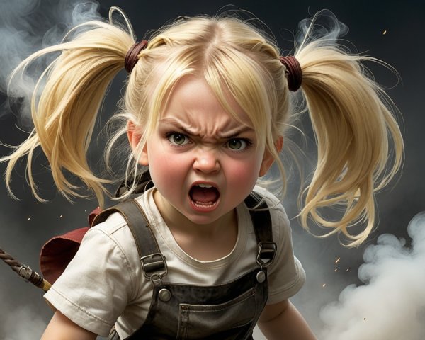 Young girl with braided pigtails and intense glare