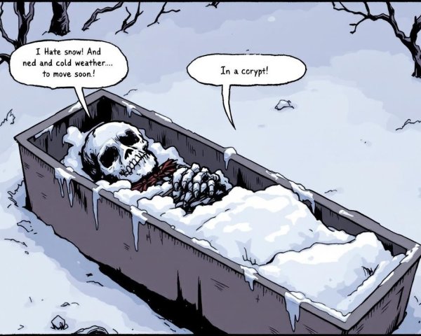Skeleton in Snowy Coffin Complains About Cold Weather