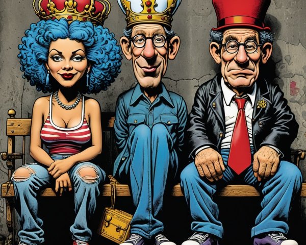 Three Characters on a Bench with Unique Attire