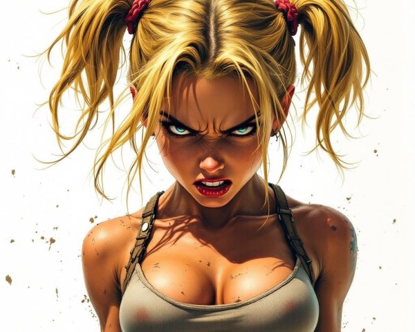 Fierce Female Character with Blue Eyes and Pigtails