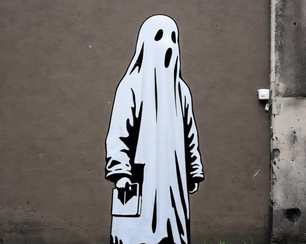 Mural of a ghostly figure in black and white style
