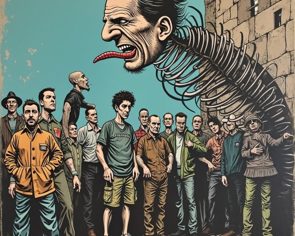 Surreal Scene of Men Facing Grotesque Figure