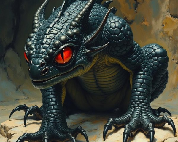 Dragon-like creature with dark scales and red eyes