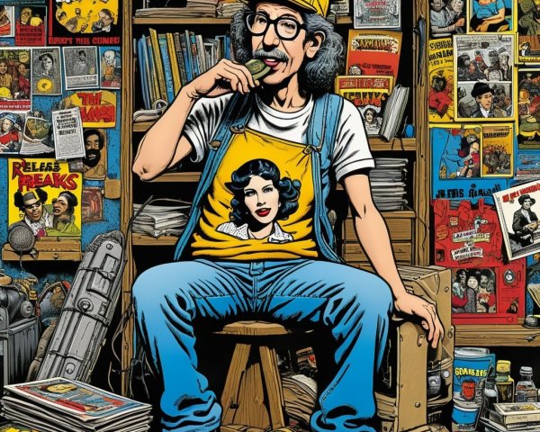 Quirky Character in Cluttered Room with Memorabilia