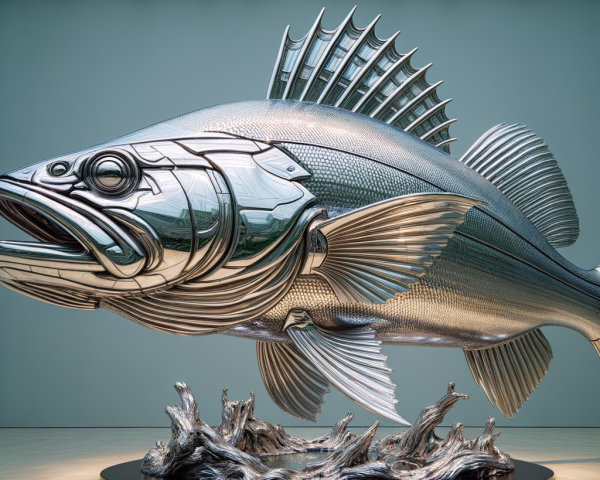 Oversized Polished Metal Fish Sculpture in Gallery